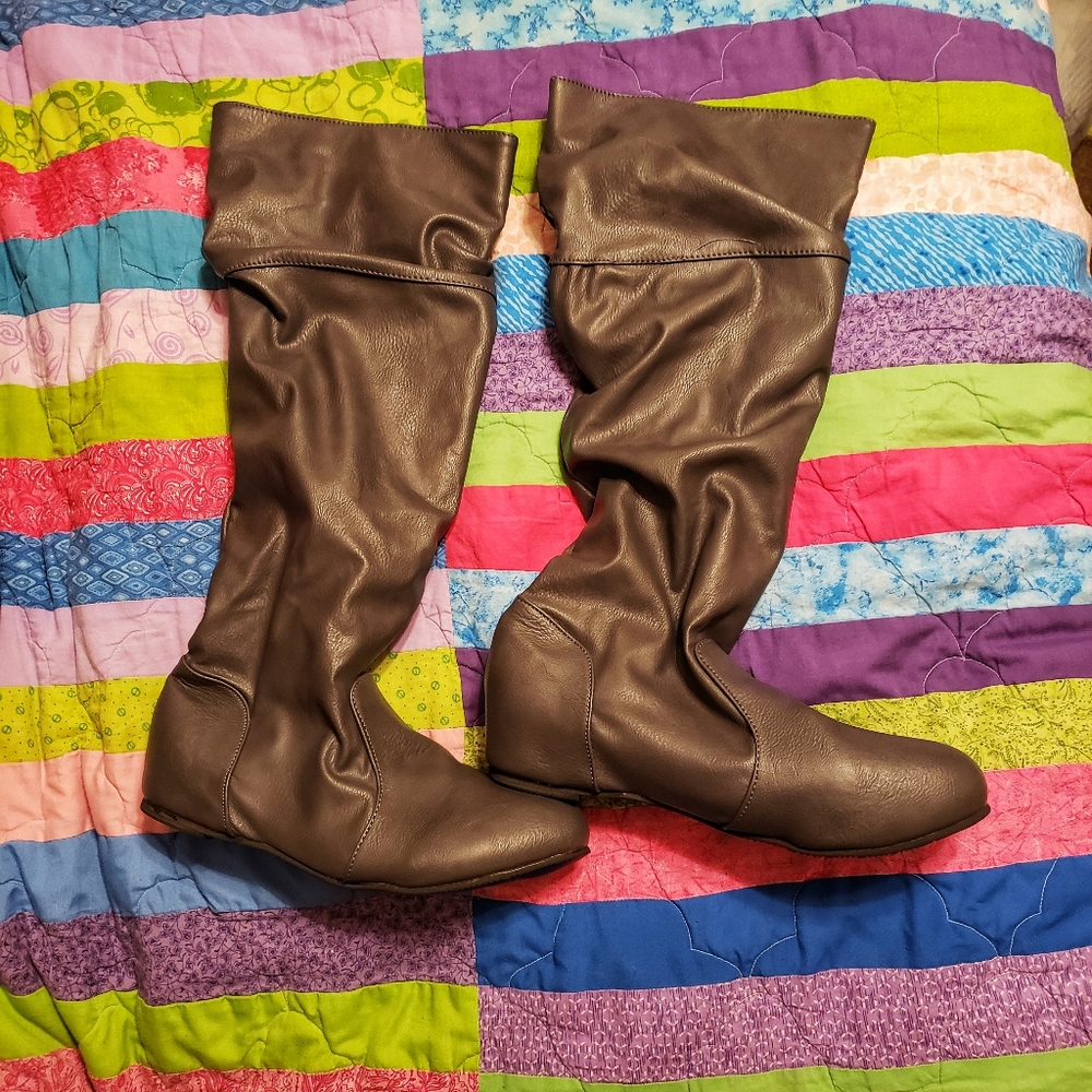 Gray knee length boots